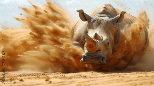  A rhino charges through the sand, kicking up a storm of dust It appears to emerge from the water.. Rhino runs through sand, raising dust