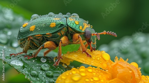   A tight shot of a green insect on a yellow bloom, surrounded by water-specked petals against a verdant backdrop © Wall