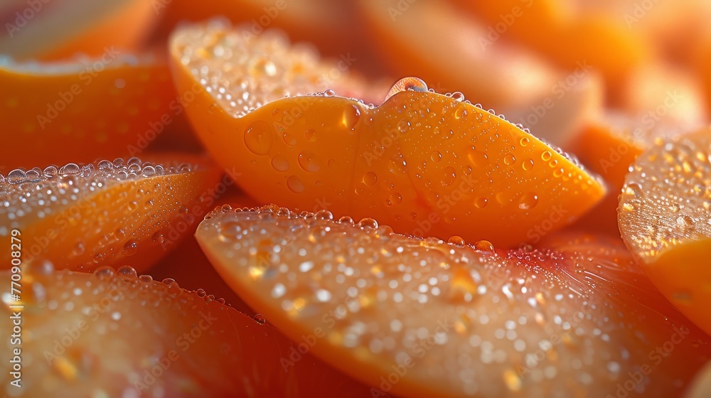 A close-up of orange slices with droplets of water on tops and bottoms A close-up of orange slices with droplets of water on tops and bottoms