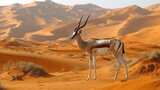   A gazelle stands in the desert's heart, amidst sand dunes Distant mountain range
