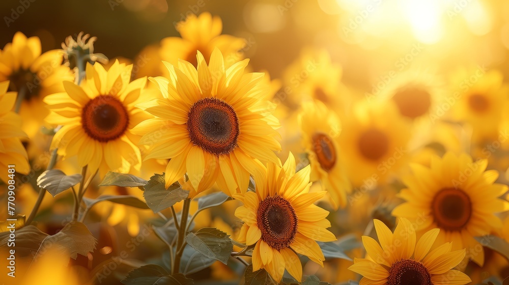 A field brimming with sunflowers, their petals yellow under the sun, sunflows heads turning toward radiant sunbeams, sun casting backdrop A field brimming with sunflowers, their petals yellow under the sun, sunflows heads turning toward radiant sunbeams, sun casting backdrop