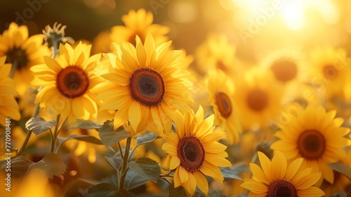   A field brimming with sunflowers  their petals yellow under the sun  sunflows heads turning toward radiant sunbeams  sun casting backdrop
