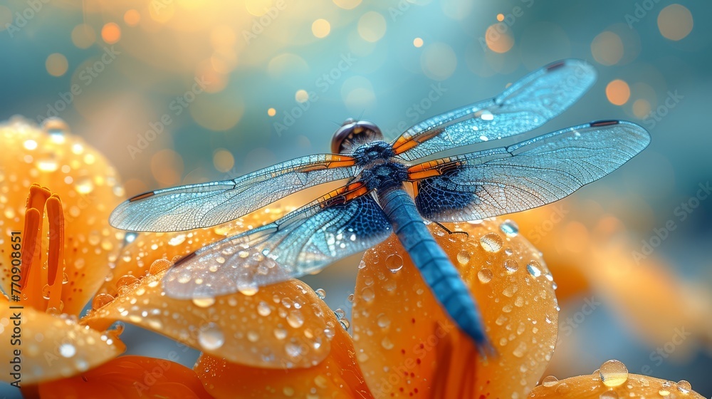 Close-up of a dragonfly on a flower, dotted with water drops Blue sky in background Close-up of a dragonfly on a flower, dotted with water drops Blue sky in background