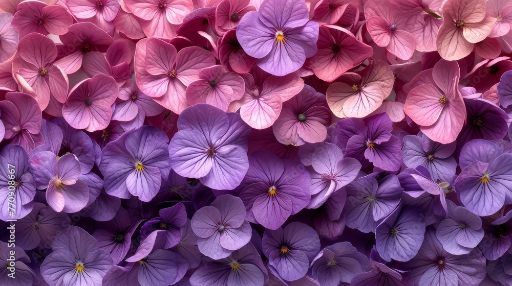   A wall of purple and pink flowers, filled with clusters of similar-hued blooms in the midst