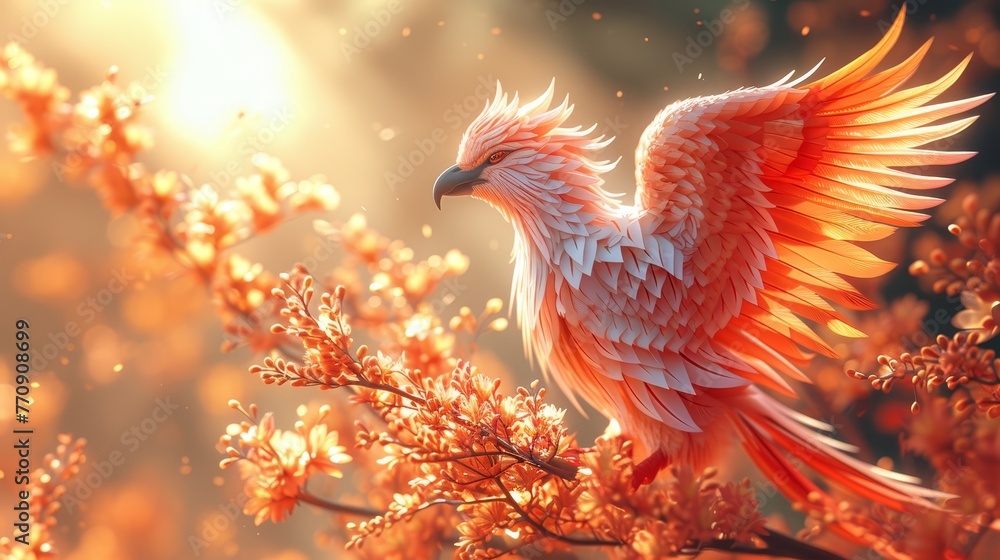 Fototapeta premium A bird perches on a tree branch adjacent to a vibrant, yellow-red blooming tree adorned with numerous leaves