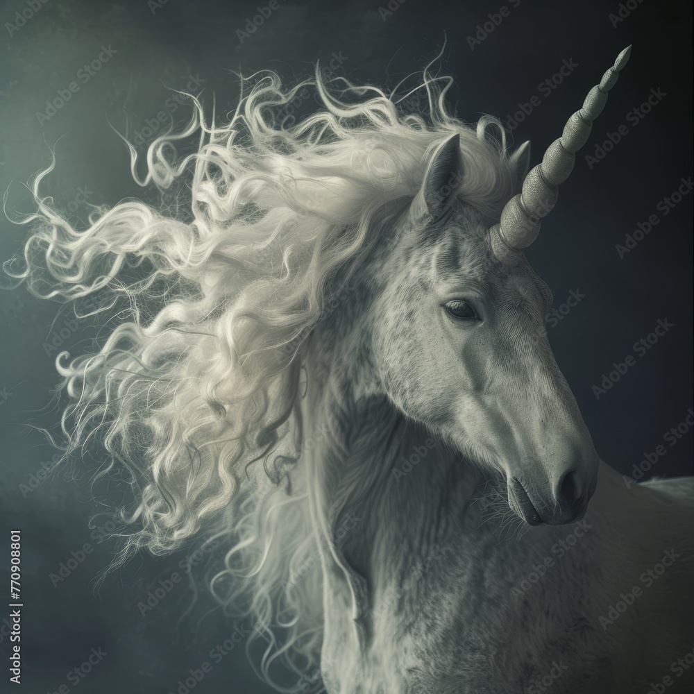 A tight shot of a white unicorn, its long mane and hair billowing in the wind against a dark backdrop A tight shot of a white unicorn, its long mane and hair billowing in the wind against a dark backdrop
