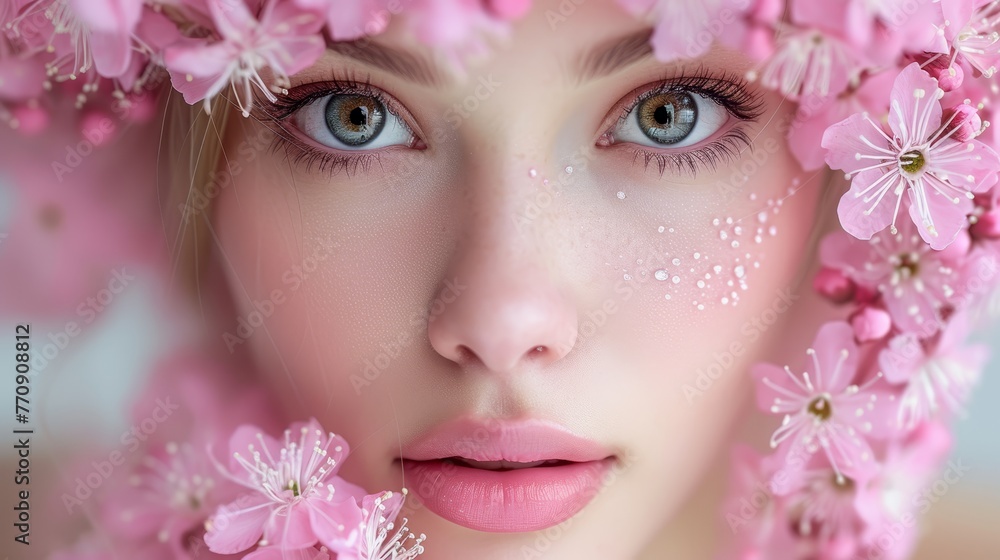 A woman's face, closely framed, adorned with flowers A pink bloom situated in the forefront A woman's face, closely framed, adorned with flowers A pink bloom situated in the forefront