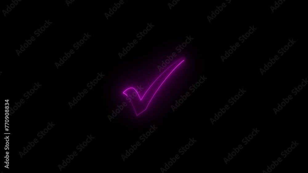 Neon glowing pink color check mark arrow icon animation black background Neon glowing pink color check mark arrow icon animation black background