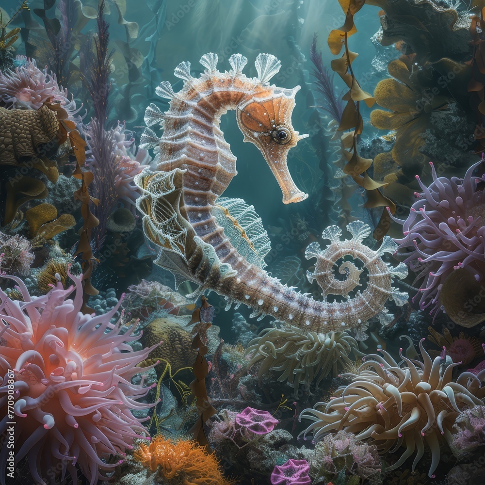 A seahorse perches atop a coral amidst a seabed teeming with corals and anemones A seahorse perches atop a coral amidst a seabed teeming with corals and anemones