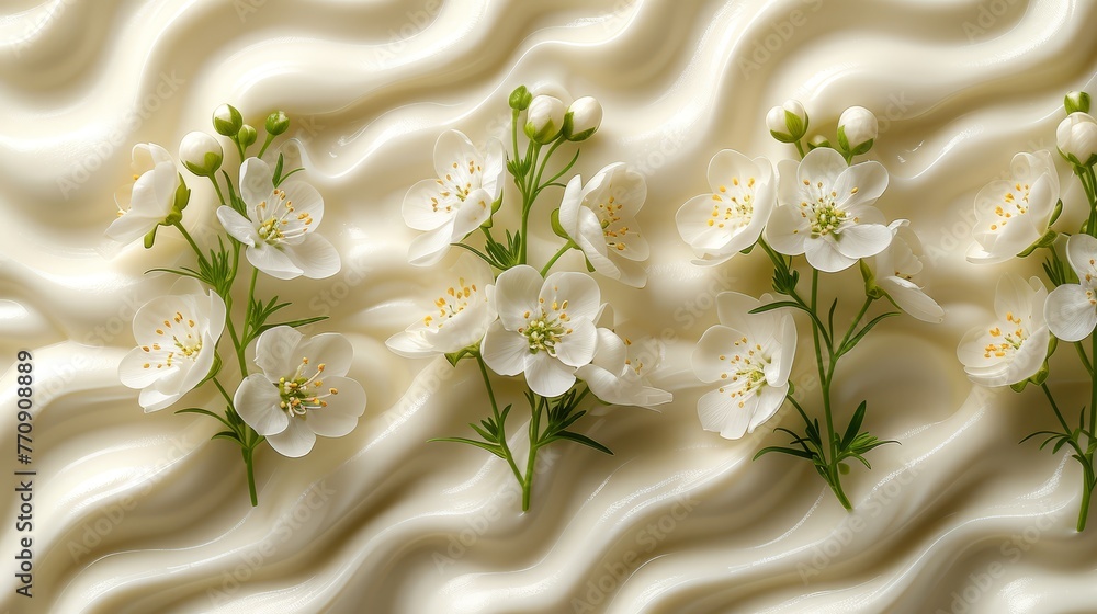 A collection of white flowers atop a bed, its white fabric-covered surface swathed in numerous white sheets A collection of white flowers atop a bed, its white fabric-covered surface swathed in numerous white sheets
