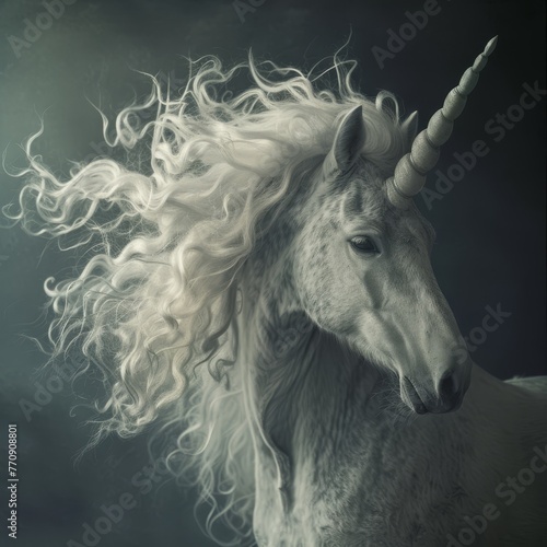  A tight shot of a white unicorn, its long mane and hair billowing in the wind against a dark backdrop