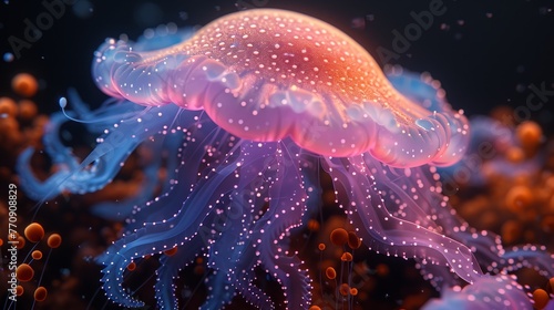   A tight shot of a jellyfish, its head adorned with numerous bubbles, set against a backdrop of tranquil water © Wall