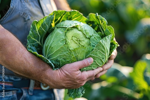 Freshly picked, vibrant green cabbage cradled in a farmer's hands