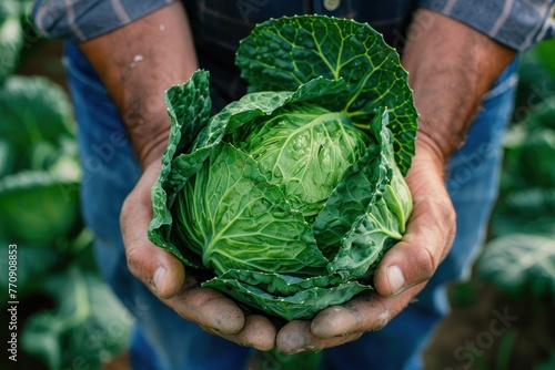 Freshly picked, vibrant green cabbage cradled in a farmer's hands