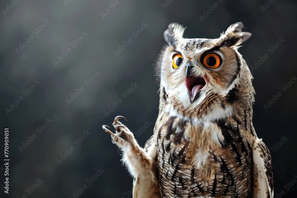 funny surprised owl raising hand on isolated color background funny surprised owl raising hand on isolated color background