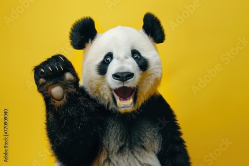funny surprised panda raising hand on isolated color background © Igor