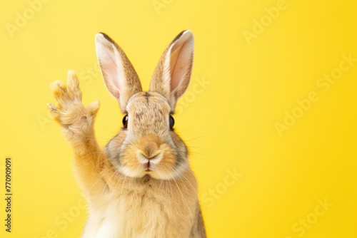 funny surprised rabbit raising hand on isolated color background © Igor