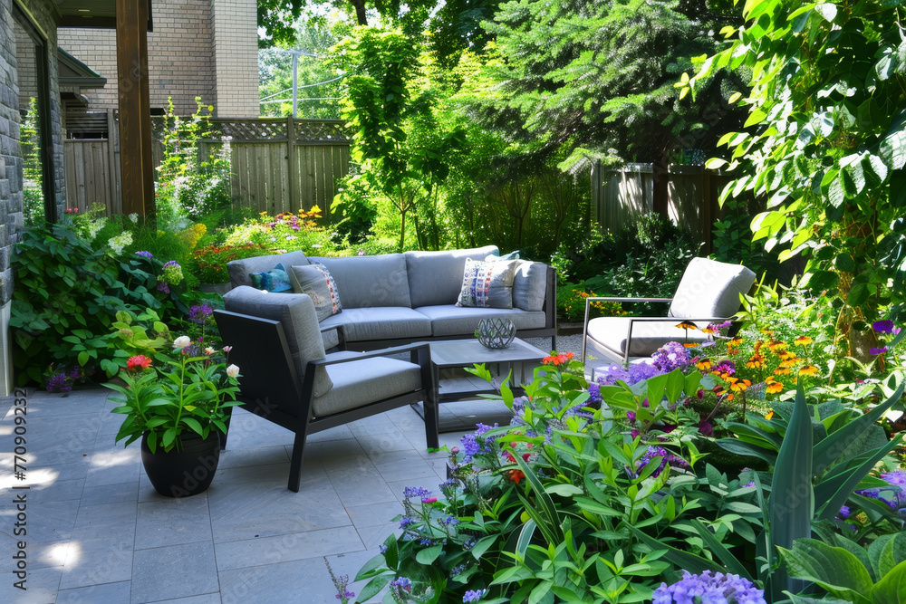 A patio with a couch, chairs, and potted plants