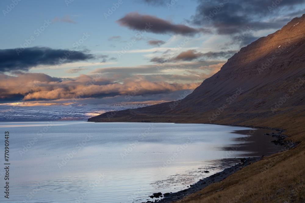 Sunset at the fjord, Westfjords, Iceland