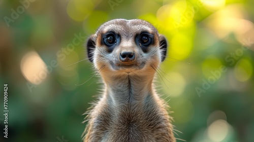  A meerkat in focus, gazes directly at the camera, surrounded by a softly blurred backdrop of trees