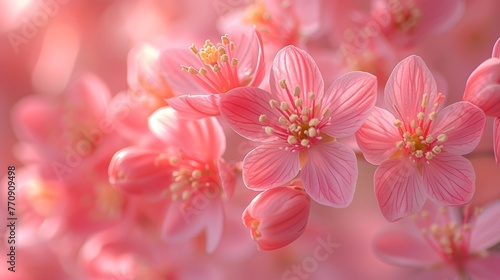   A light pink background bears several pink blossoms with yellow stamens  the center showcases a solitary yellow stamen © Wall
