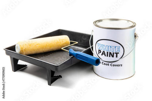 a gallon can of paint with a fake, generic, white paint label, with a yellow paint roller and a black plastic paint tray isolated on white