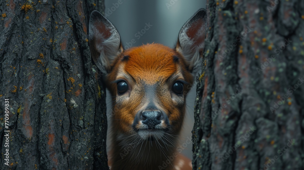 A young deer gazes from behind a tree against a hazy backdrop of moss-covered trees A young deer gazes from behind a tree against a hazy backdrop of moss-covered trees