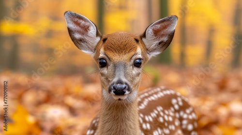  A tight shot of a deer's head, surrounded by leaves on the forest floor, and trees towering behind