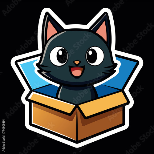 Cute cat in a box. Colorful kitten in gift box. Cat sticker on black background. Surprise in cardboard box. Cartoon sticker pet emoji. Cartoon logo icon badge, design Vector illustration.

