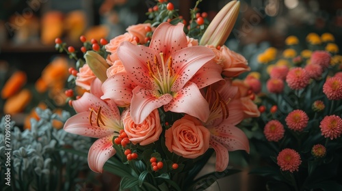   A tight shot of an orange and pink flower bouquet, with orange and pink blooms in the backdrop, and nearer flowers in the foreground photo