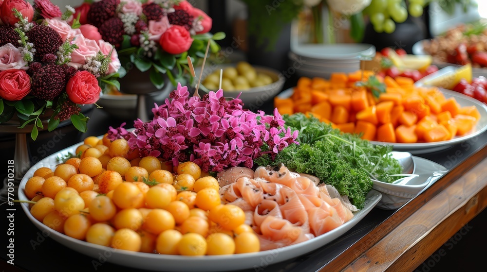   A tight shot of a laden plate of food on a table, surrounded by flowers and an assortment of fruits and vegetables in the background