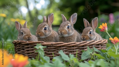   Four rabbits seated in a basket amidst a lush field of grass and wildflowers