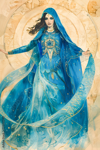 The high priestess in blue dress on beige background.