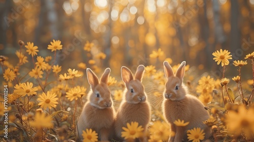  Two rabbits sit side by side in a sunlit field of yellow daisies and flowers