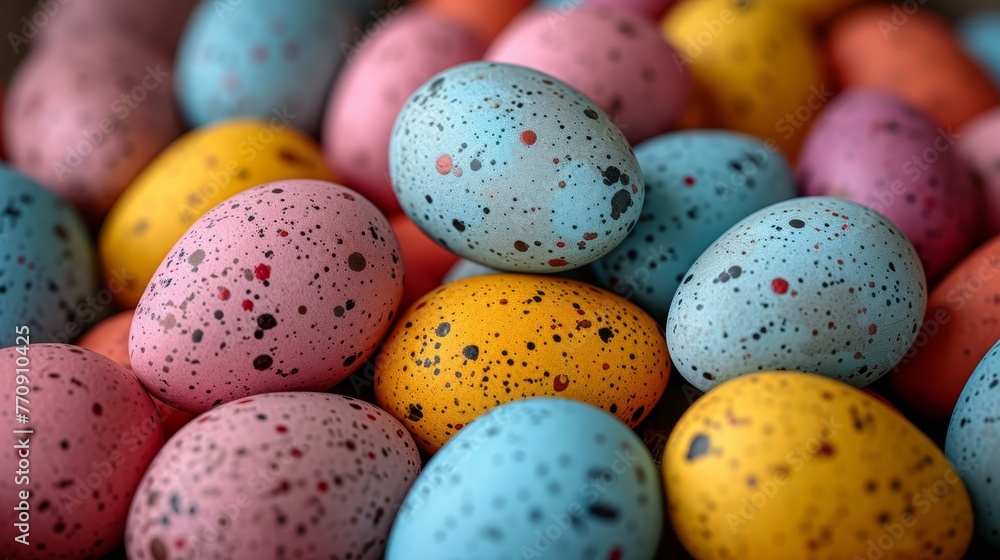   A stack of speckled eggs atop a nest of varied eggs