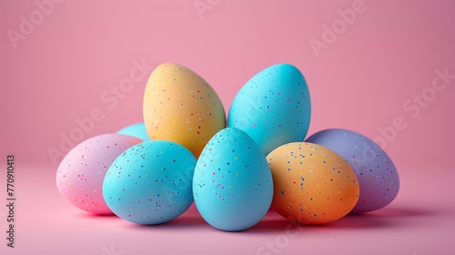  A stack of painted eggs atop a pink confettied surface