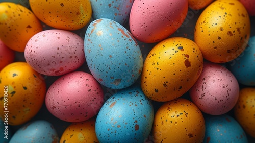  A pile of colored eggs atop a stack of blue, yellow, and pink speckled ones