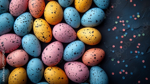  Colorful speckled eggs stacked before a black backdrop, featuring pink, blue, and yellow speckles