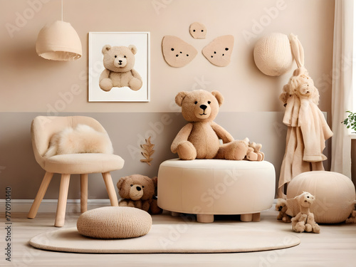 Stylish scandinavian kid room with mock up poster, toys, teddy bear, plush animal, natural pouf and children accessories. Modern interior with beige background walls. Template. Design home staging.