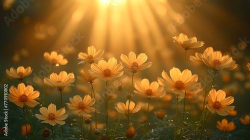   A field filled with yellow flowers Sun shines through cloudy background © Wall