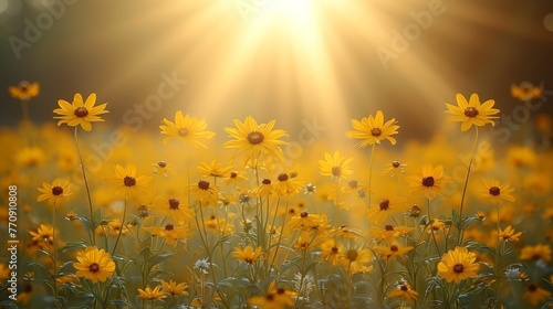   A field filled with yellow flowers under sunbeams  sun shining through scattered clouds