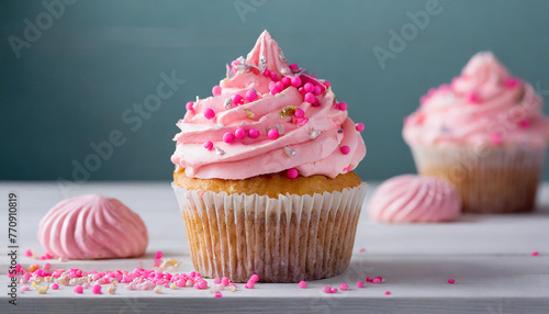 Cupcake with pink frosting and pink sprinkles on top. Sweet and tasty dessert on table.