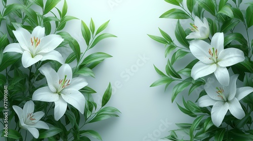   A pristine arrangement of white lilies with vibrant green leaves against a pure white backdrop Or White lilies and their emerald-hued fol photo