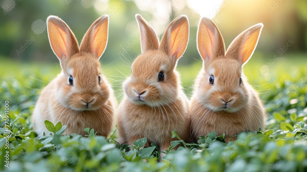 Three rabbits sit together on a lush, green field, surrounded by trees Three rabbits sit together on a lush, green field, surrounded by trees