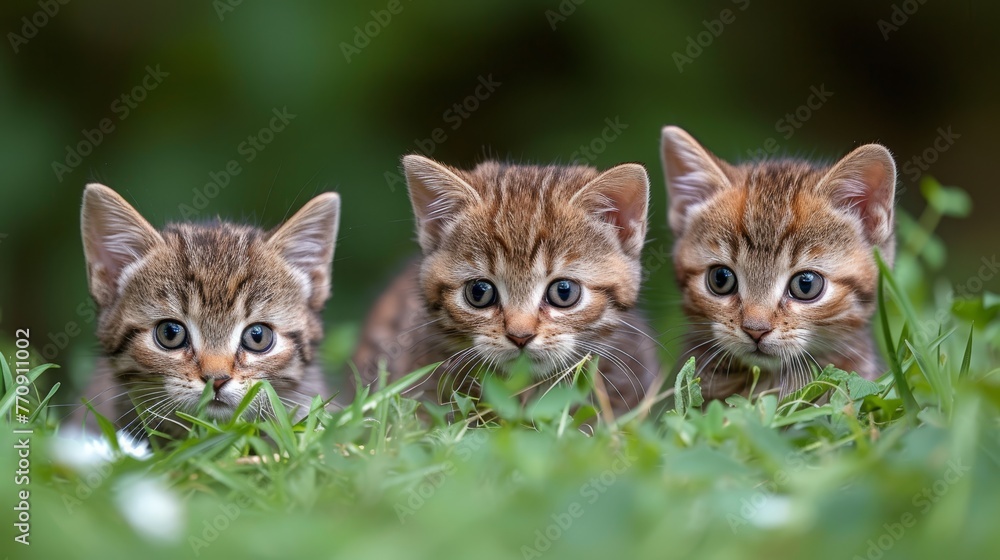   Three kittens stroll across a lush green grass-covered field
