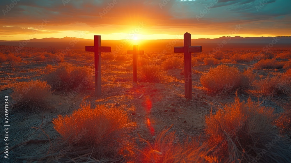   Three crosses in desert's heart, sun sets backdrop; bushes, foreground quiver