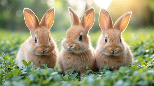  Three rabbits sit together on a lush, green field, surrounded by trees