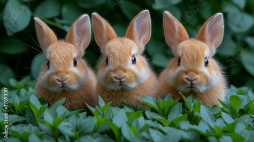  Three rabbits seated together on a verdant field of lush grass