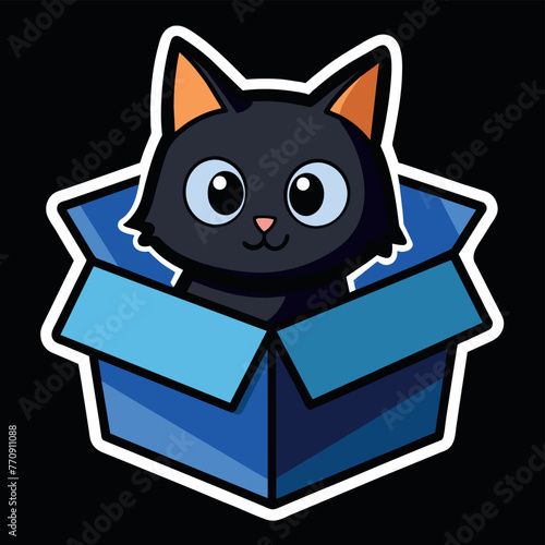 Cute cat in a box. Colorful kitten in gift box. Cat sticker on black background. Surprise in cardboard box. Cartoon sticker pet emoji. Cartoon logo icon badge, design Vector illustration.
