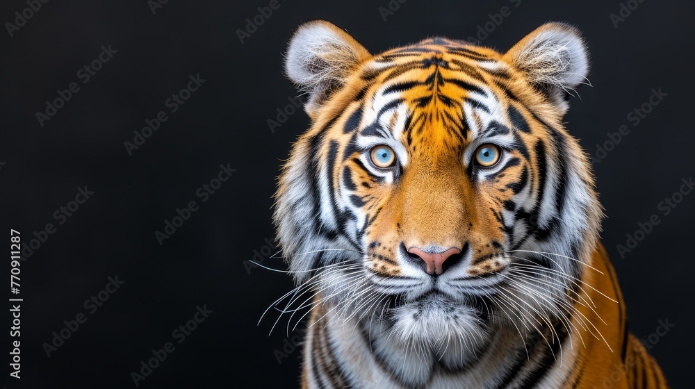   A tight shot of a tiger's face against a black backdrop, revealing just one glowing eye